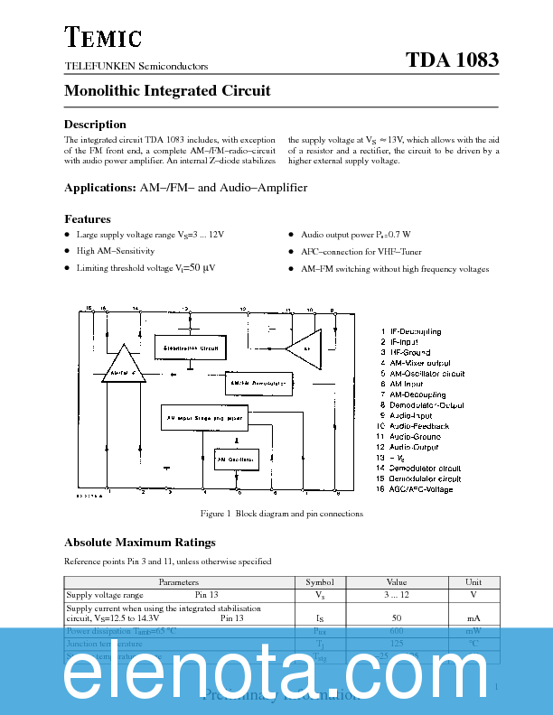 TDA1083 Datasheet PDF (437 KB) Temic | Pobierz z Elenota.pl