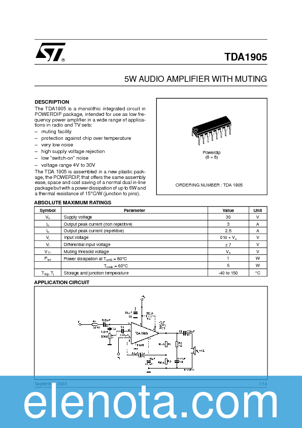 TDA1905 Datasheet PDF (338 KB) STMicroelectronics | Pobierz z Elenota.pl