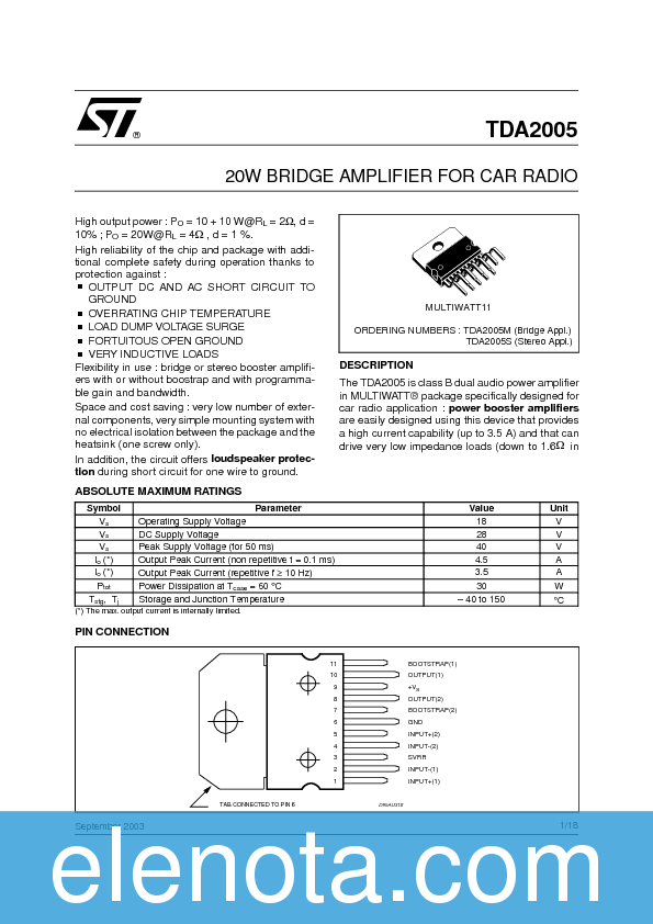 TDA2005 Datasheet PDF (2.88 MB) STMicroelectronics | Pobierz z Elenota.pl