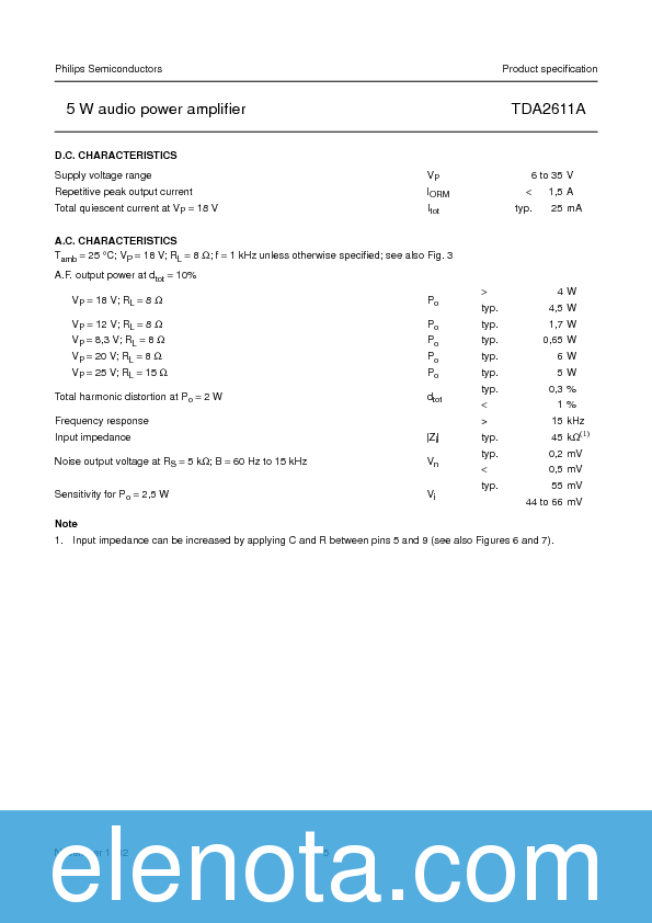 TDA2611A Datasheet PDF (250 KB) Philips | Pobierz z Elenota.pl