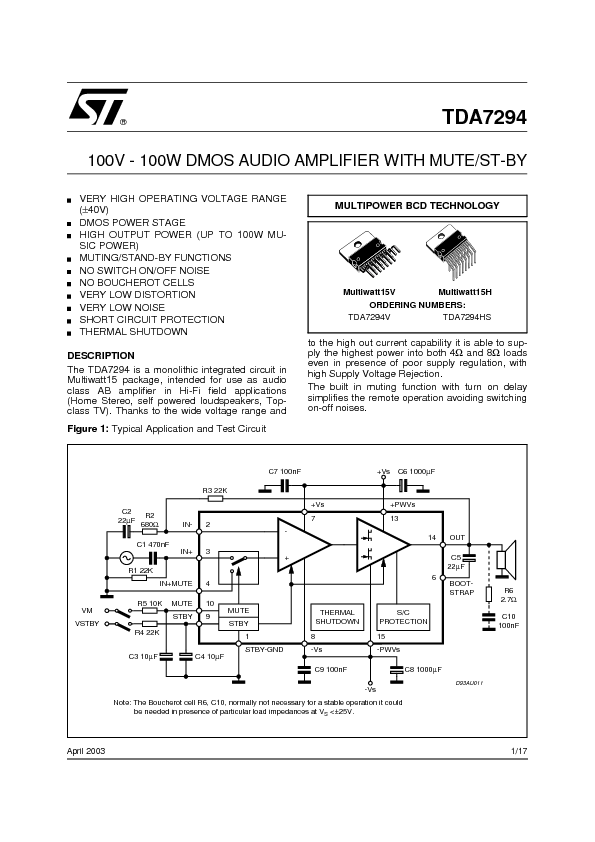 TDA7294 Datasheet PDF (1.43 MB) STMicroelectronics | Pobierz z Elenota.pl