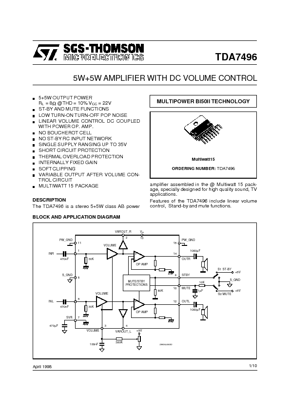 TDA7496 Datasheet PDF (168 KB) STMicroelectronics | Pobierz z Elenota.pl