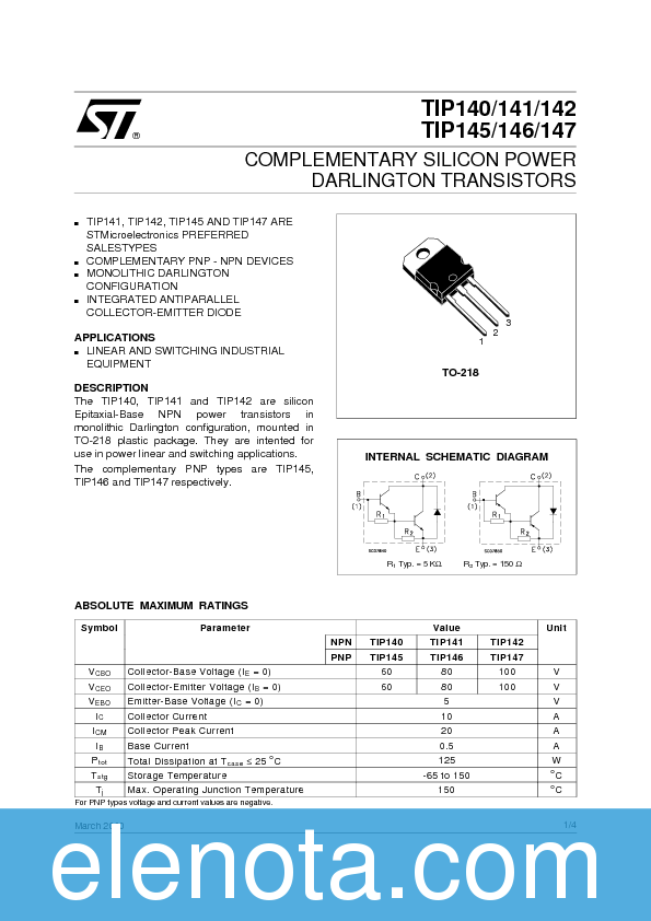 TIP140 Datasheet PDF (48 KB) STMicroelectronics | Pobierz z Elenota.pl