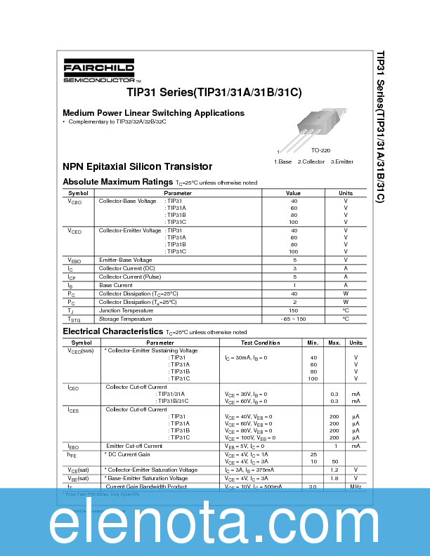 TIP31C Datasheet PDF (38 KB) Fairchild | Pobierz z Elenota.pl