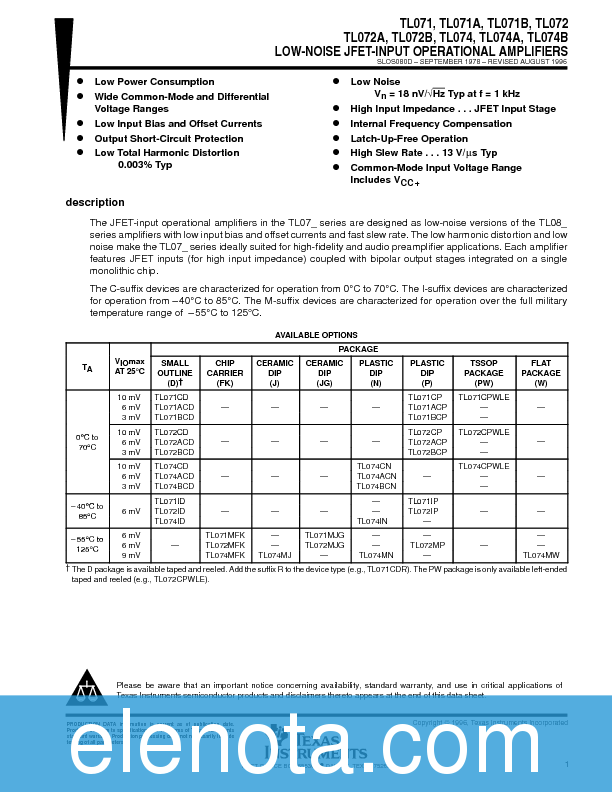 TL074 Datasheet PDF (281 KB) Texas Instruments Pobierz z Elenota.pl