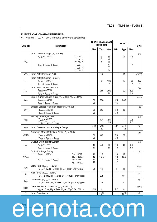 TL081 Datasheet PDF (101 KB) STMicroelectronics | Pobierz z Elenota.pl