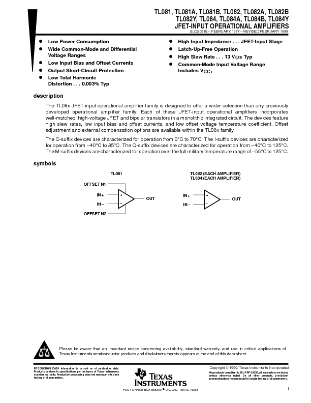TL084 Datasheet PDF (463 KB) Texas Instruments Pobierz z Elenota.pl