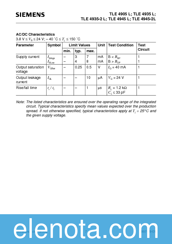 TLE 4905 L Datasheet PDF (266 KB) Siemens | Pobierz z Elenota.pl
