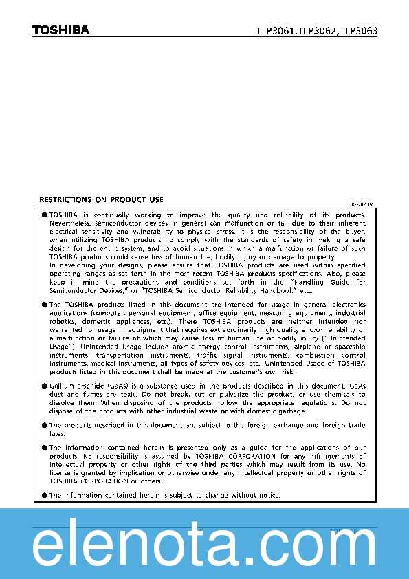 TLP3062 Datasheet PDF (304 KB) Toshiba | Pobierz z Elenota.pl