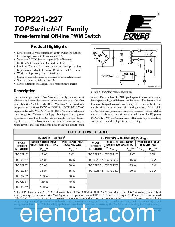 TOP224Y Datasheet PDF (179 KB) Power Integrations | Pobierz z Elenota.pl