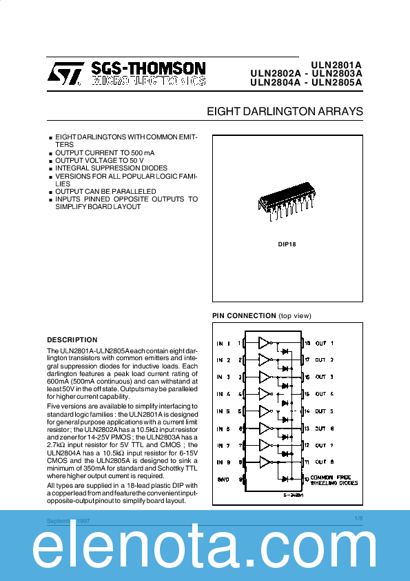 ULN2803A Datasheet PDF (176 KB) SGS-THOMSON | Pobierz z Elenota.pl