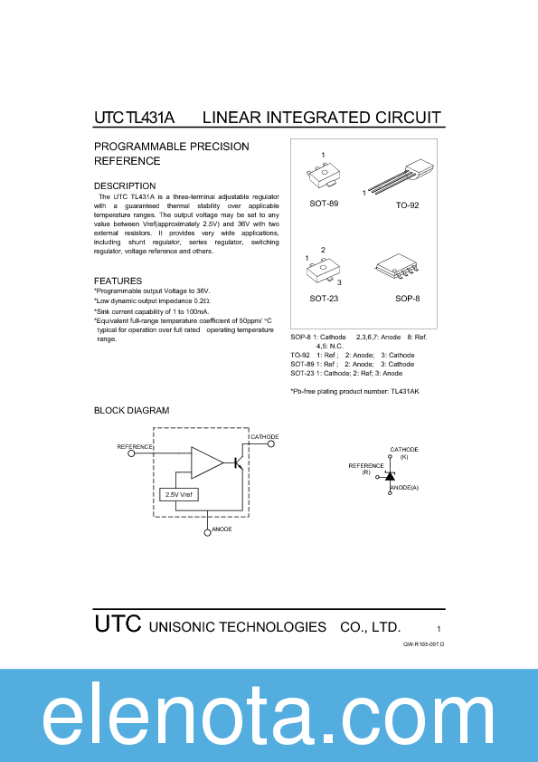 UTC TL431A Datasheet PDF (159 KB) Unisonic Technologies | Pobierz z ...