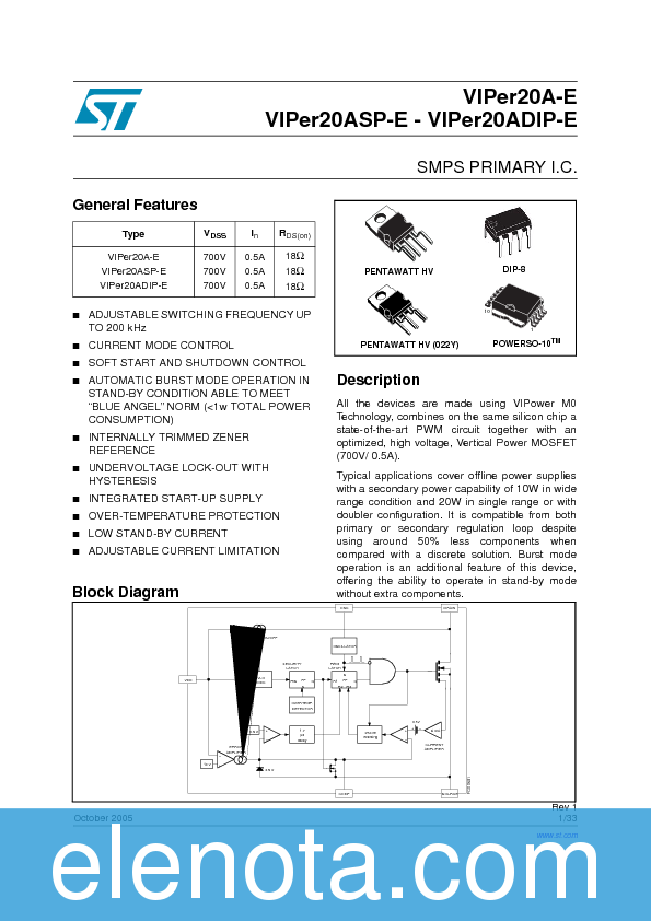 VIPER20A-E Datasheet PDF (344 KB) STMicroelectronics | Pobierz z Elenota.pl