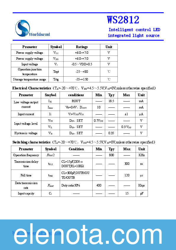 WS2812 Datasheet PDF (272 KB) Worldsemi | Pobierz z Elenota.pl