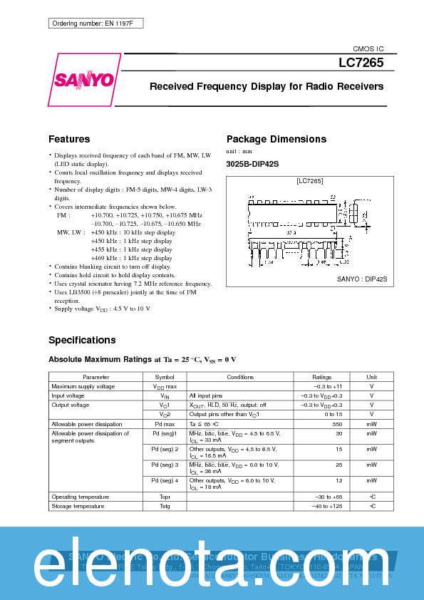 LC7265 Datasheet PDF (127 KB) Sanyo | Pobierz z Elenota.pl