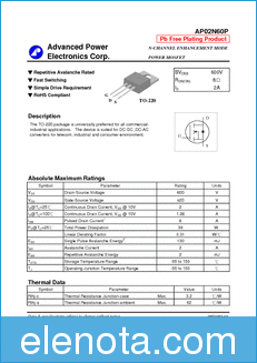 Advanced Power Electronics AP02N60P datasheet