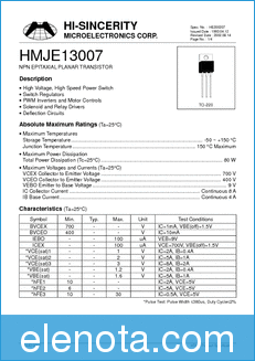 HI-SINCERITY MICROELECTRONICS HMJE13007 datasheet