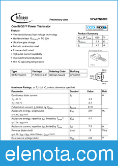 Infineon SPA07N60C3 datasheet