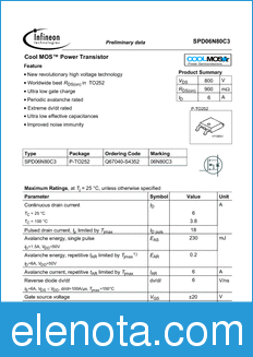 Infineon SPD06N80C3 datasheet