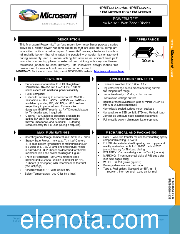 1PMT4134 Datasheet PDF (114 KB) Microsemi | Pobierz z Elenota.pl
