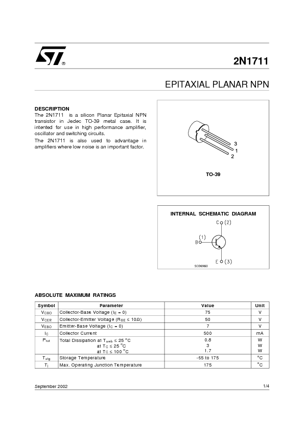 2N1711 Datasheet PDF (47 KB) STMicroelectronics | Pobierz z Elenota.pl