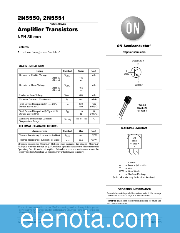 2N5551 Datasheet PDF (85 KB) ON Semiconductor | Pobierz z Elenota.pl