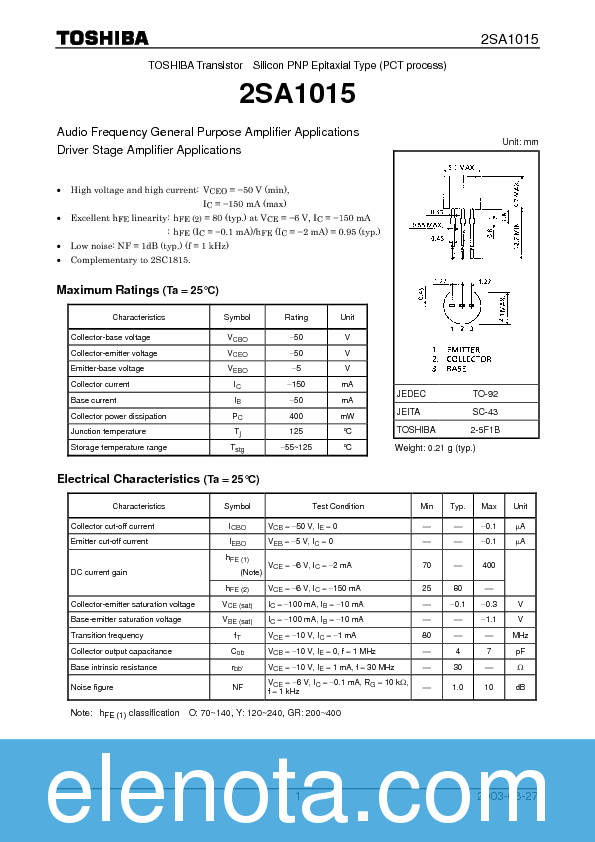 2SA1015 Datasheet PDF (111 KB) Toshiba | Pobierz z Elenota.pl