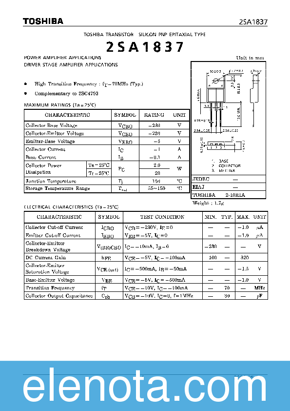 2SA1837 Datasheet PDF (172 KB) Toshiba | Pobierz z Elenota.pl