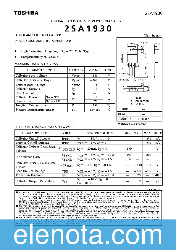 2SA1930 Datasheet PDF (166 KB) Toshiba | Pobierz z Elenota.pl