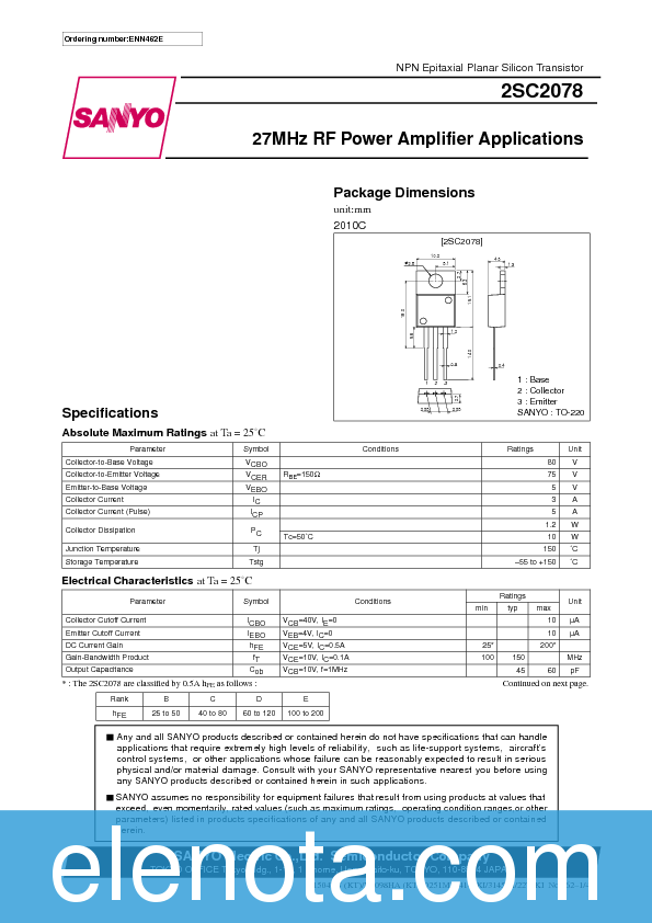 2SC2078 Datasheet PDF (37 KB) Sanyo | Pobierz z Elenota.pl