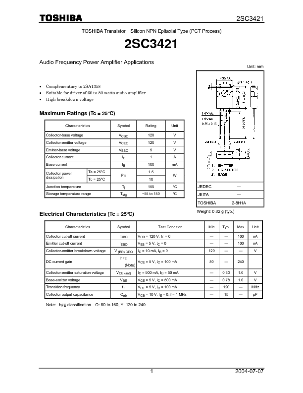 2SC3421 Datasheet PDF (120 KB) Toshiba | Pobierz z Elenota.pl