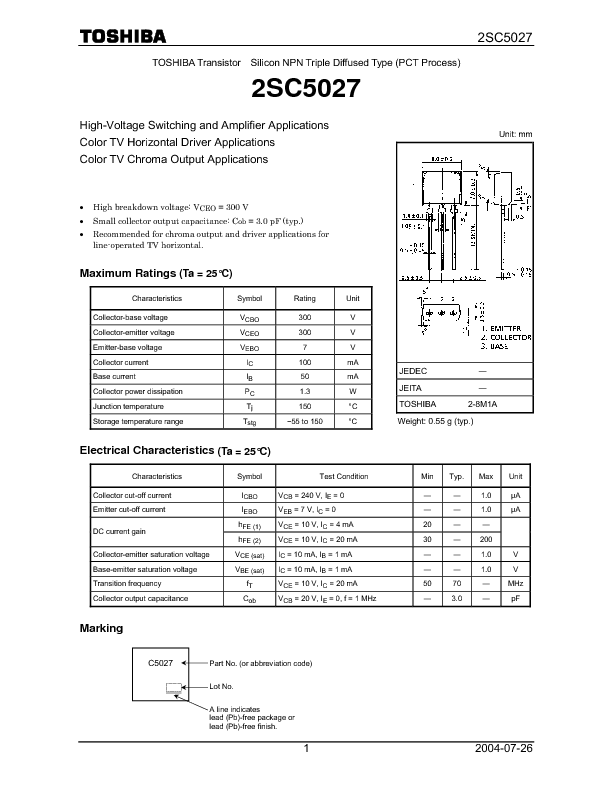 2SC5027 Datasheet PDF (156 KB) Toshiba | Pobierz z Elenota.pl