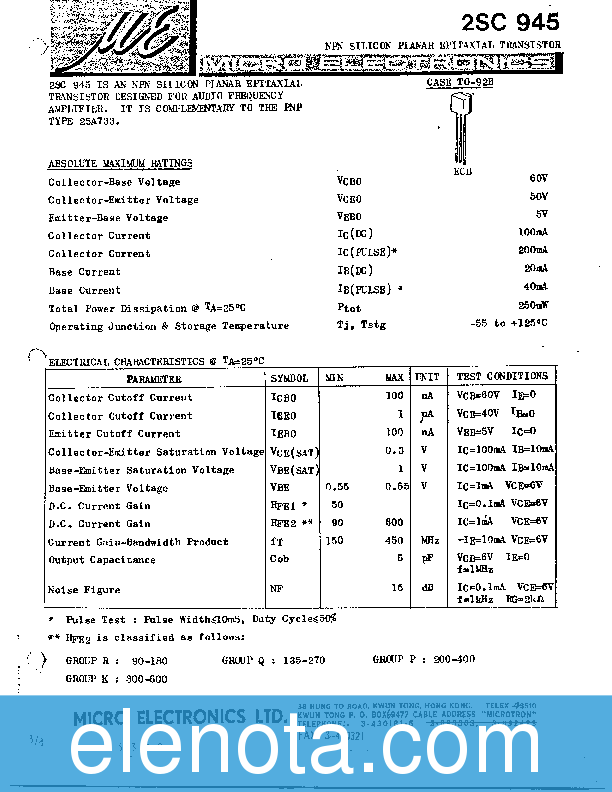 2SC945 Datasheet PDF (77 KB) Micro Electronics | Pobierz z Elenota.pl