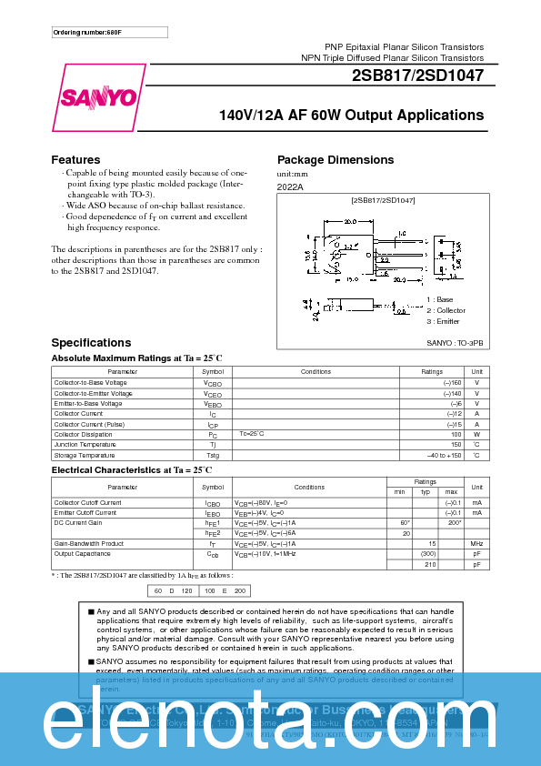 2SD1047 Datasheet PDF (125 KB) Sanyo | Pobierz z Elenota.pl