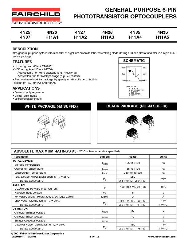 4N25 Datasheet PDF (245 KB) Fairchild | Pobierz z Elenota.pl