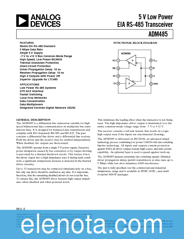 ADM485 Datasheet PDF (259 KB) Analog Devices | Pobierz z Elenota.pl