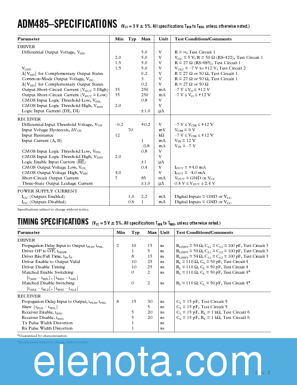 ADM485 Datasheet PDF (259 KB) Analog Devices | Pobierz z Elenota.pl