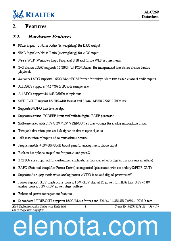 ALC269 Datasheet PDF (1.25 MB) Realtek Semiconductor | Pobierz z Elenota.pl