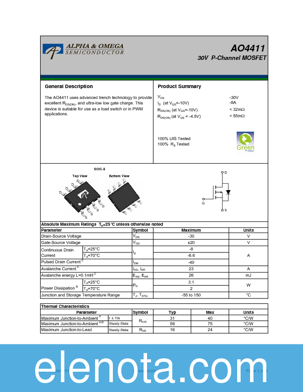 AO4411 Datasheet PDF (254 KB) Alpha&Omega Semiconductor | Pobierz z ...
