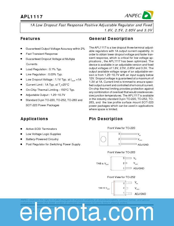 APL1117 Datasheet PDF (158 KB) Anpec Electronics | Pobierz z Elenota.pl