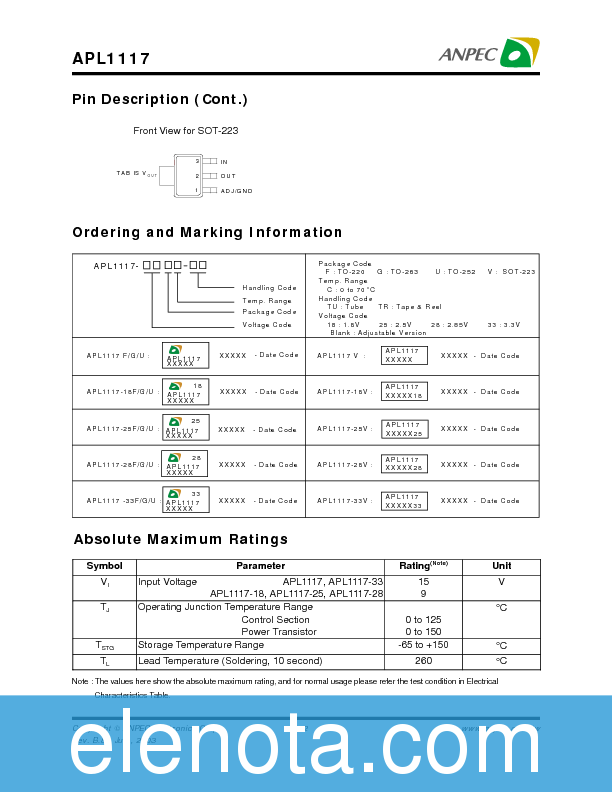 APL1117 Datasheet PDF (158 KB) Anpec Electronics | Pobierz z Elenota.pl