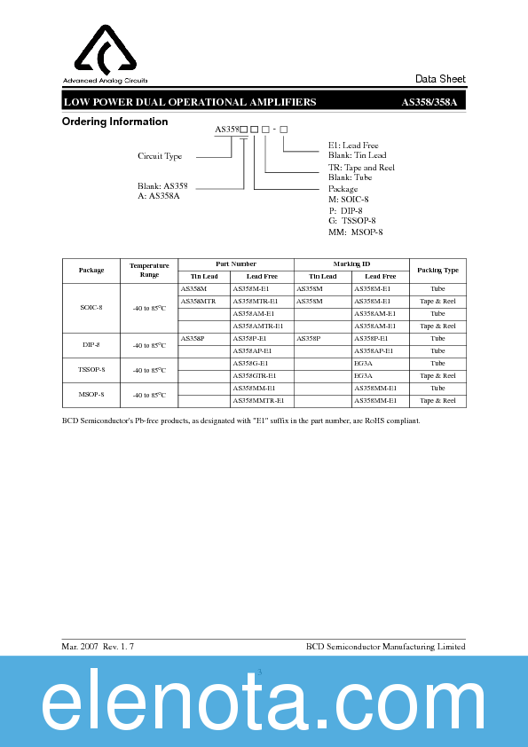 AS358 Datasheet PDF (283 KB) Advanced Analog Circuits | Pobierz z ...