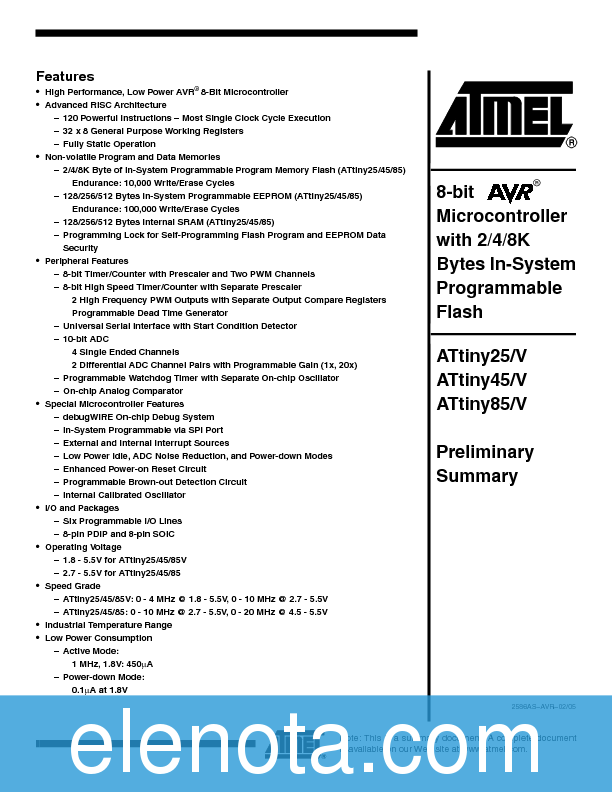 ATTINY25 Datasheet PDF (147 KB) Atmel | Pobierz z Elenota.pl