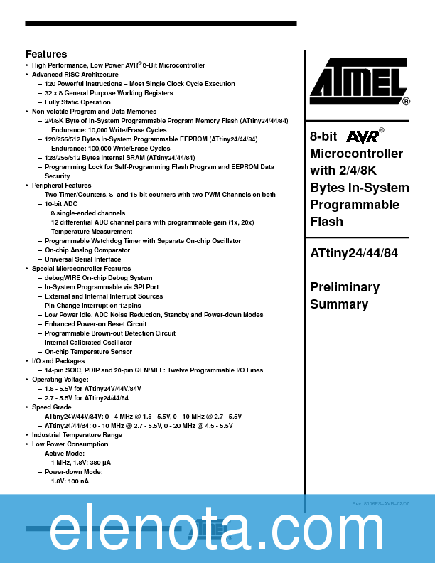 ATTINY24 Datasheet PDF (287 KB) Atmel | Pobierz z Elenota.pl