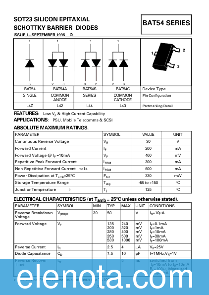 BAT54C Datasheet PDF (102 KB) Zetex | Pobierz z Elenota.pl