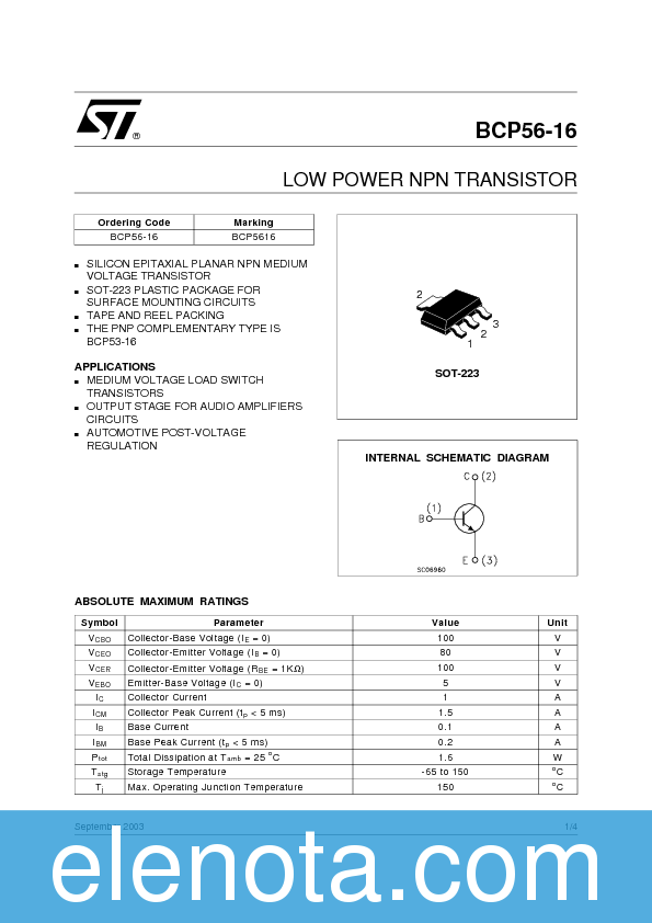 BCP56-16 Datasheet PDF (46 KB) STMicroelectronics | Pobierz z Elenota.pl