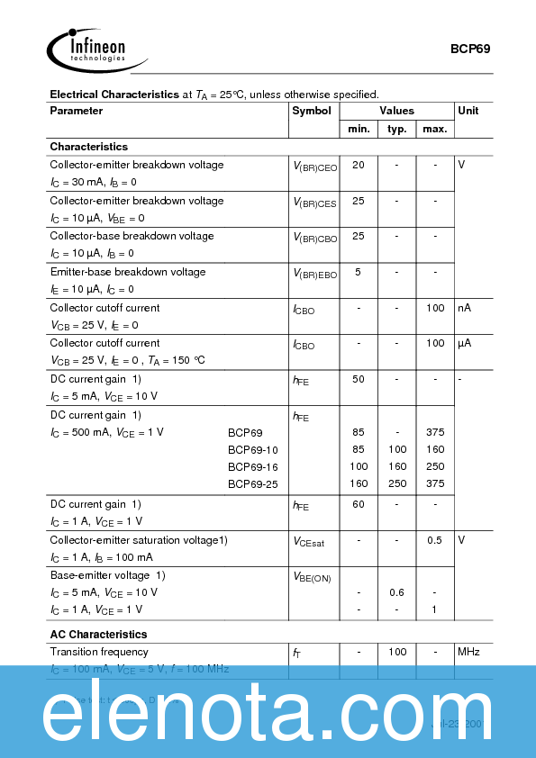 BCP69-10 Datasheet PDF (44 KB) Infineon | Pobierz z Elenota.pl