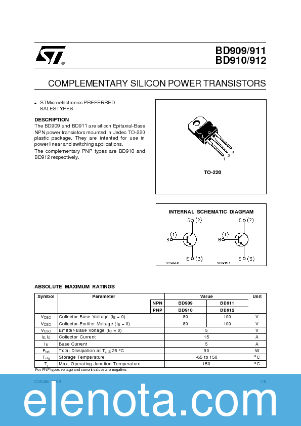 BD911 Datasheet PDF (97 KB) STMicroelectronics | Pobierz z Elenota.pl