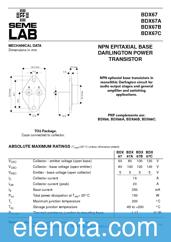 BDX67B Datasheet PDF (24 KB) Semelab | Pobierz z Elenota.pl