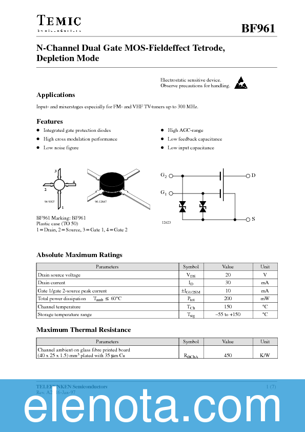 BF961 Datasheet PDF (105 KB) Temic | Pobierz z Elenota.pl